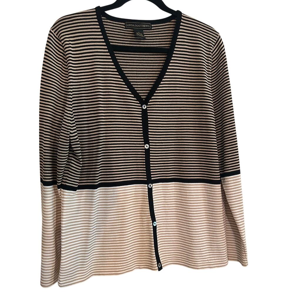 Vintage Linda Matthews V Neck Size XL Button Up Colorblock Cardigan Striped EUC